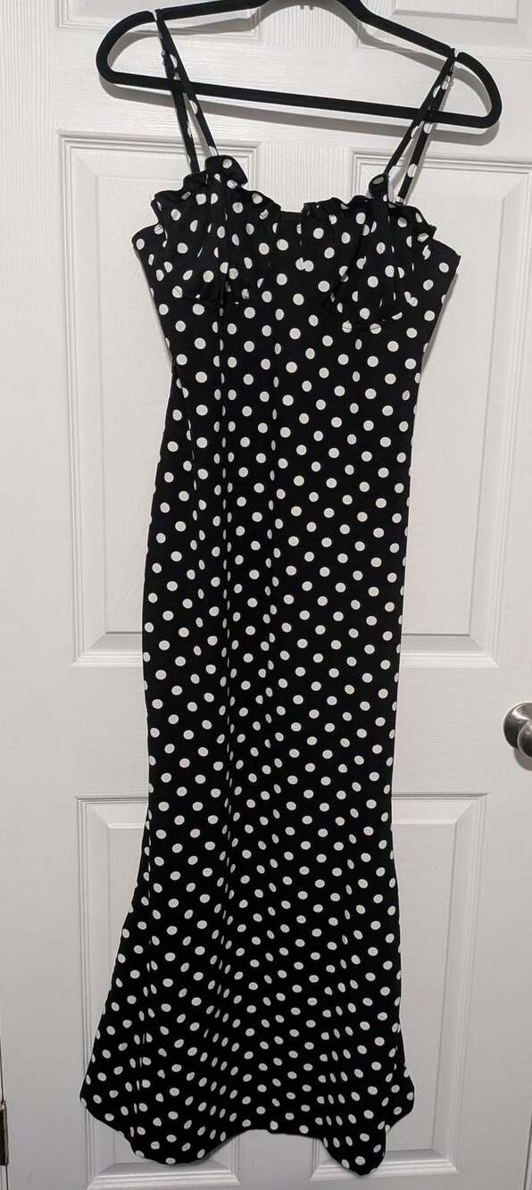 Black White Polka Dot Mermaid Maxi Dress XL Sweetheart Ruffle Spaghetti Strap